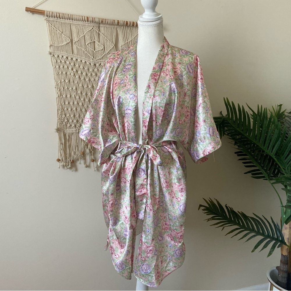 Vintage 80s Kathryn Satin Floral Kimono Robe